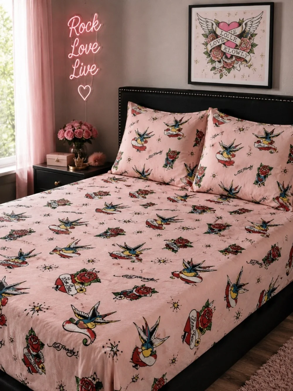 Ed Hardy King 6-Piece Sheet Set Americana Tattoo Skull Rose Swallow Print NWT